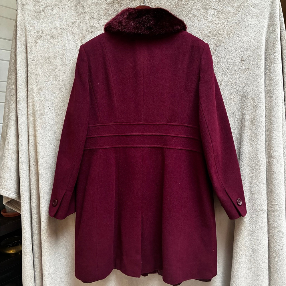Precis Petite Wool Cashmere Pea Coat Size 14 Burgundy Faux Fur Timeless Winter - Picture 7 of 16